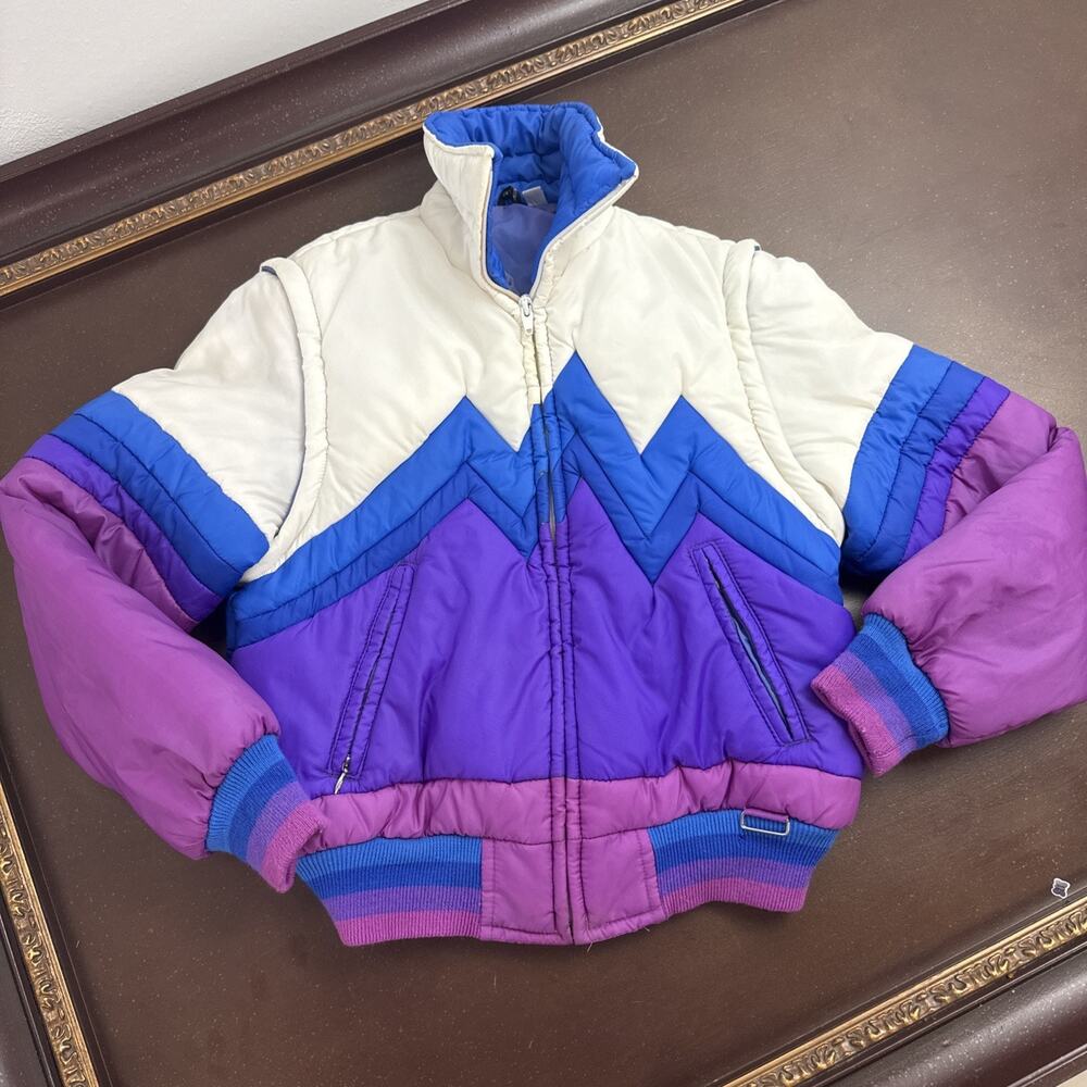 Vintage 1970s Chevron Puffer Jacket Vest Detachable Sleeve Short Bomber Korea M